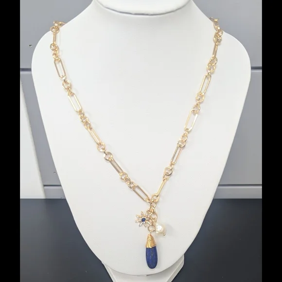 Blue Lapis Lazuli Pendant Necklace Gold Paperclip Chain Pearl & Starburst Accent - Picture 4 of 8